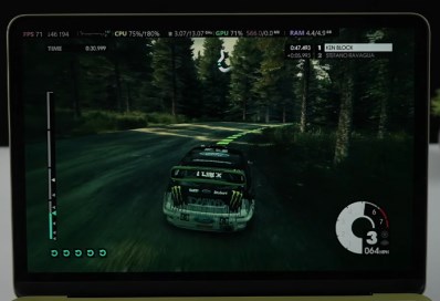 Virtualized Windows 11 gaming on the MacBook Neo with 8 GB of RAM is quite impressive. Pictured: Dirt 3 running on the laptop.