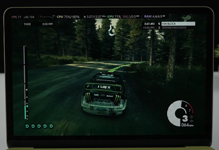 Virtualized Windows 11 gaming on the MacBook Neo with 8 GB of RAM is quite impressive. Pictured: Dirt 3 running on the laptop.